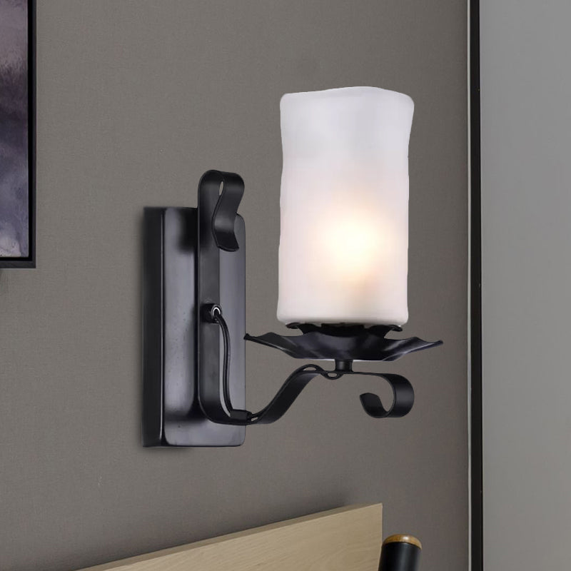 Cylinder Bathroom Sconce Light Fixture Industrial Frosted Glass 1 Light Black Wall Lamp Clearhalo 'Cast Iron' 'Glass' 'Industrial wall lights' 'Industrial' 'Middle century wall lights' 'Modern' 'Tiffany' 'Traditional wall lights' 'Wall Lamps & Sconces' 'Wall Lights' Lighting' 1419186