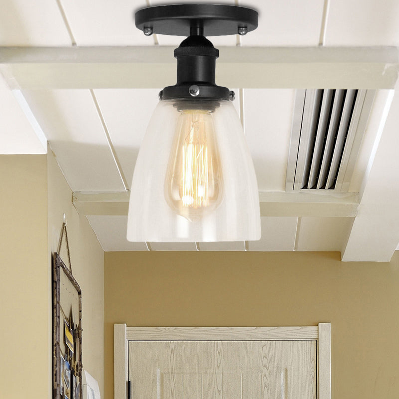 Cone Clear Glass Semi Flush Industrial 1 Bulb Living Room Light Fixture in Black Clear Clearhalo 'Ceiling Lights' 'Close To Ceiling Lights' 'Close to ceiling' 'Glass shade' 'Glass' 'Island Lights' 'Semi-flushmount' Lighting' 141919