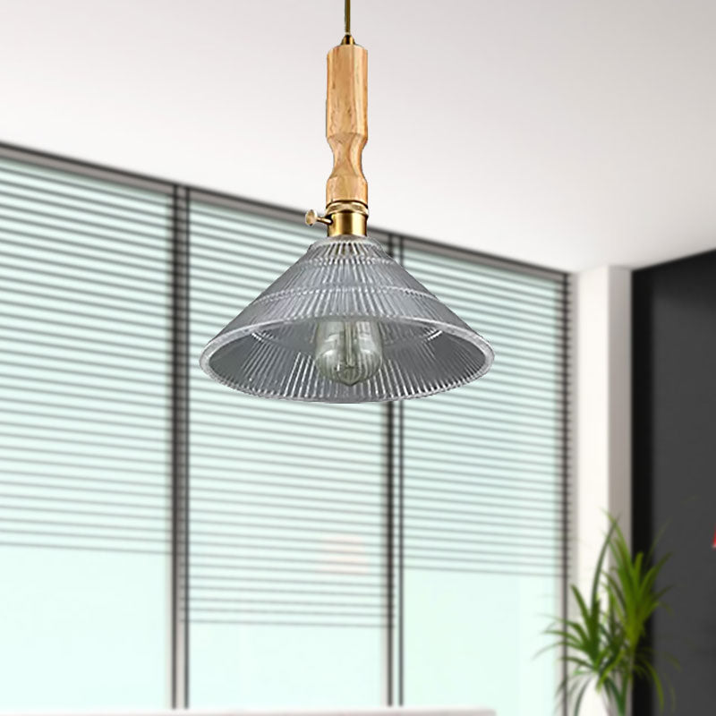 Cone Dining Room Hanging Light Kit Contemporary Ribbed Glass 1 Light Brass Pendant Lighting with Wood Cap Clearhalo 'Ceiling Lights' 'Glass shade' 'Glass' 'Industrial Pendants' 'Industrial' 'Middle Century Pendants' 'Pendant Lights' 'Pendants' 'Tiffany' Lighting' 1419193