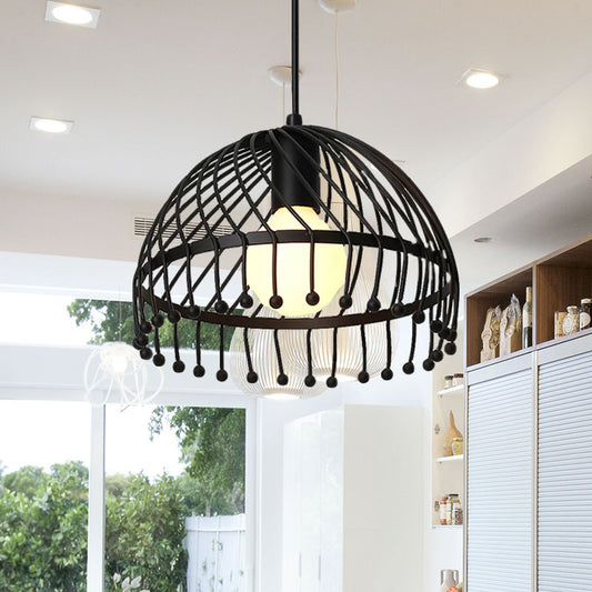 1 Light Dome Caged Pendant Lamp Retro Loft Black Finish Metal Hanging Ceiling Light for Living Room Clearhalo 'Art Deco Pendants' 'Black' 'Cast Iron' 'Ceiling Lights' 'Ceramic' 'Crystal' 'Industrial Pendants' 'Industrial' 'Metal' 'Middle Century Pendants' 'Pendant Lights' 'Pendants' 'Rustic Pendants' 'Tiffany' Lighting' 1419203