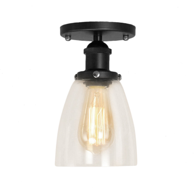 Cone Clear Glass Semi Flush Industrial 1 Bulb Living Room Light Fixture in Black Clearhalo 'Ceiling Lights' 'Close To Ceiling Lights' 'Close to ceiling' 'Glass shade' 'Glass' 'Island Lights' 'Semi-flushmount' Lighting' 141921
