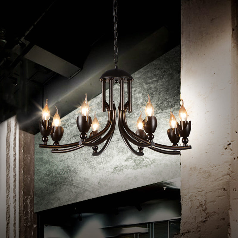 Dark Rust 8 Bulbs Chandelier Lighting Retro Style Wrought Iron Candle Pendant Lamp with Curved Arm Clearhalo 'Cast Iron' 'Ceiling Lights' 'Chandeliers' 'Industrial Chandeliers' 'Industrial' 'Metal' 'Middle Century Chandeliers' 'Rustic Chandeliers' 'Tiffany' Lighting' 1419213
