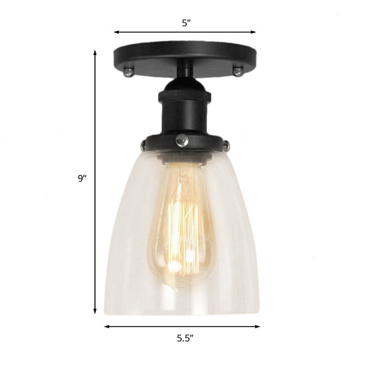 Cone Clear Glass Semi Flush Industrial 1 Bulb Living Room Light Fixture in Black Clearhalo 'Ceiling Lights' 'Close To Ceiling Lights' 'Close to ceiling' 'Glass shade' 'Glass' 'Island Lights' 'Semi-flushmount' Lighting' 141922
