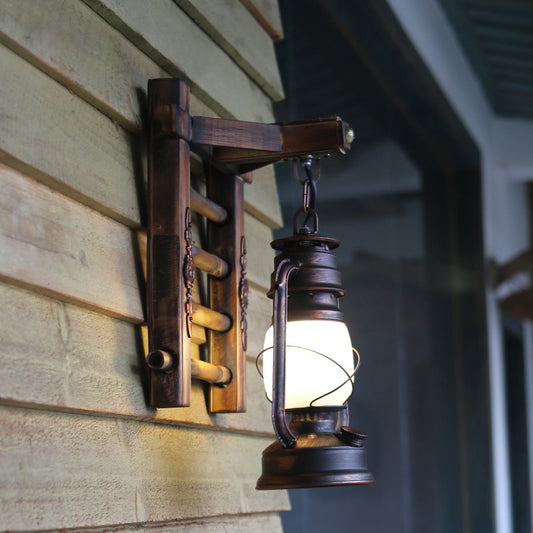 Antique Copper Cylinder Wall Lighting Vintage Clear Glass 1 Light Porch Sconce Light with Cage and Wooden Backplate Clearhalo 'Industrial wall lights' 'Industrial' 'Middle century wall lights' 'Tiffany' 'Wall Lamps & Sconces' 'Wall Lights' Lighting' 1419251