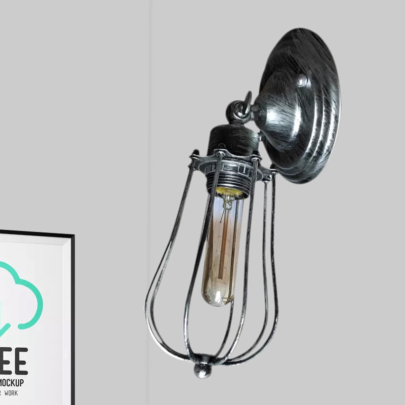 1 Head Wire Guard Wall Light Sconce with Bulb Shade Industrial Aged Brass/Antique Silver Iron Wall Lamp for Restaurant Clearhalo 'Art deco wall lights' 'Cast Iron' 'Glass' 'Industrial wall lights' 'Industrial' 'Middle century wall lights' 'Modern' 'Rustic wall lights' 'Tiffany' 'Traditional wall lights' 'Wall Lamps & Sconces' 'Wall Lights' Lighting' 1419278