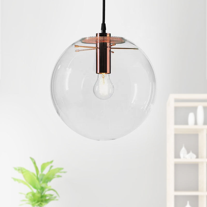 Round Pendant Light Modern 1-Light 6"/8"/12" Wide Clear Glass Hanging Lamp in Rose Gold Clearhalo 'Ceiling Lights' 'Close To Ceiling Lights' 'Glass shade' 'Glass' 'Industrial Pendants' 'Industrial' 'Middle Century Pendants' 'Pendant Lights' 'Pendants' 'Tiffany' Lighting' 1419292