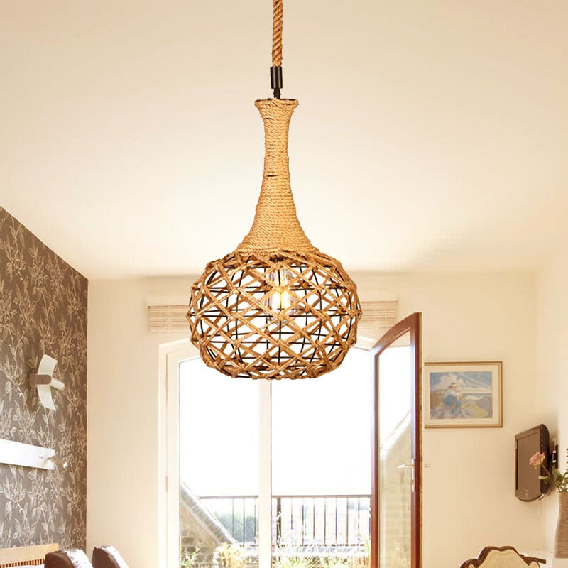 Nautical Globe Cage Hanging Pendant Light 1 Light Metal and Rope Suspension Light in Beige for Dining Room Clearhalo 'Ceiling Lights' 'Industrial Pendants' 'Industrial' 'Middle Century Pendants' 'Pendant Lights' 'Pendants' 'Tiffany' Lighting' 1419293