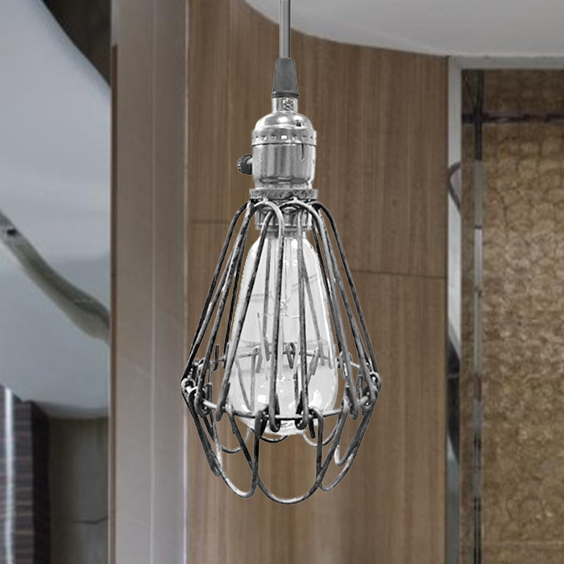 Metal Wire Frame Ceiling Pendant Light Farmhouse Style 1 Light Living Room Hanging Lamp in Aged Silver/Antique Copper Clearhalo 'Art Deco Pendants' 'Cast Iron' 'Ceiling Lights' 'Ceramic' 'Crystal' 'Industrial Pendants' 'Industrial' 'Metal' 'Middle Century Pendants' 'Pendant Lights' 'Pendants' 'Tiffany' Lighting' 1419324