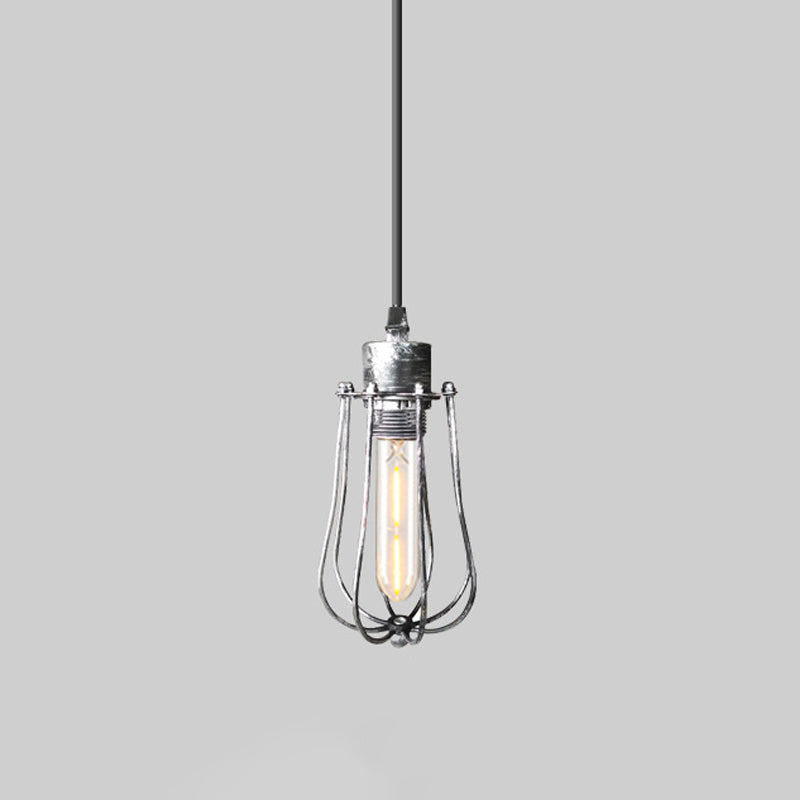 Wrought Iron Caged Hanging Pendant Light Rustic Industrial 1 Head Coffee Shop Suspension Light in Aged Silver/Weathered Copper Clearhalo 'Art Deco Pendants' 'Cast Iron' 'Ceiling Lights' 'Ceramic' 'Crystal' 'Industrial Pendants' 'Industrial' 'Metal' 'Middle Century Pendants' 'Pendant Lights' 'Pendants' 'Tiffany' Lighting' 1419328