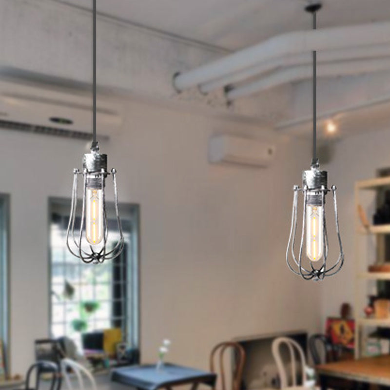 Wrought Iron Caged Hanging Pendant Light Rustic Industrial 1 Head Coffee Shop Suspension Light in Aged Silver/Weathered Copper Clearhalo 'Art Deco Pendants' 'Cast Iron' 'Ceiling Lights' 'Ceramic' 'Crystal' 'Industrial Pendants' 'Industrial' 'Metal' 'Middle Century Pendants' 'Pendant Lights' 'Pendants' 'Tiffany' Lighting' 1419329