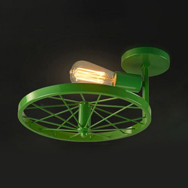 1 Head Wheel Shaped Semi Flush Light with Exposed Bulb Industrial White/Red Metallic Ceiling Mounted Light Clearhalo 'Ceiling Lights' 'Close To Ceiling Lights' 'Close to ceiling' 'Semi-flushmount' Lighting' 1419333