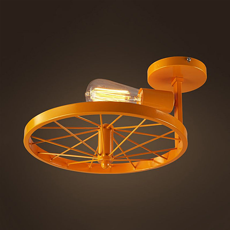 1 Head Wheel Shaped Semi Flush Light with Exposed Bulb Industrial White/Red Metallic Ceiling Mounted Light Clearhalo 'Ceiling Lights' 'Close To Ceiling Lights' 'Close to ceiling' 'Semi-flushmount' Lighting' 1419334