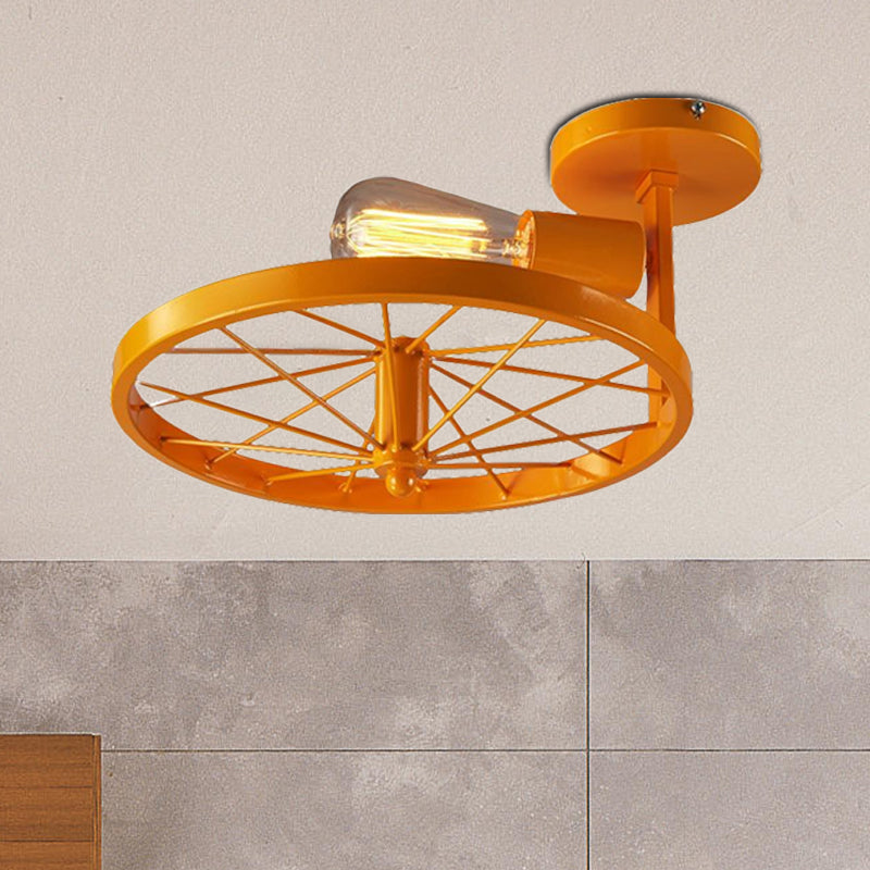 1 Head Wheel Shaped Semi Flush Light with Exposed Bulb Industrial White/Red Metallic Ceiling Mounted Light Clearhalo 'Ceiling Lights' 'Close To Ceiling Lights' 'Close to ceiling' 'Semi-flushmount' Lighting' 1419335
