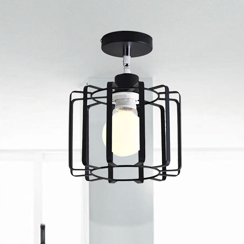 Cylinder/Drum Cage Bedroom Semi-Flush Ceiling Fixture Retro Vintage Metal 1 Head Black Rotatable Semi Flush Light Clearhalo 'Ceiling Lights' 'Close To Ceiling Lights' 'Close to ceiling' 'Semi-flushmount' Lighting' 1419345