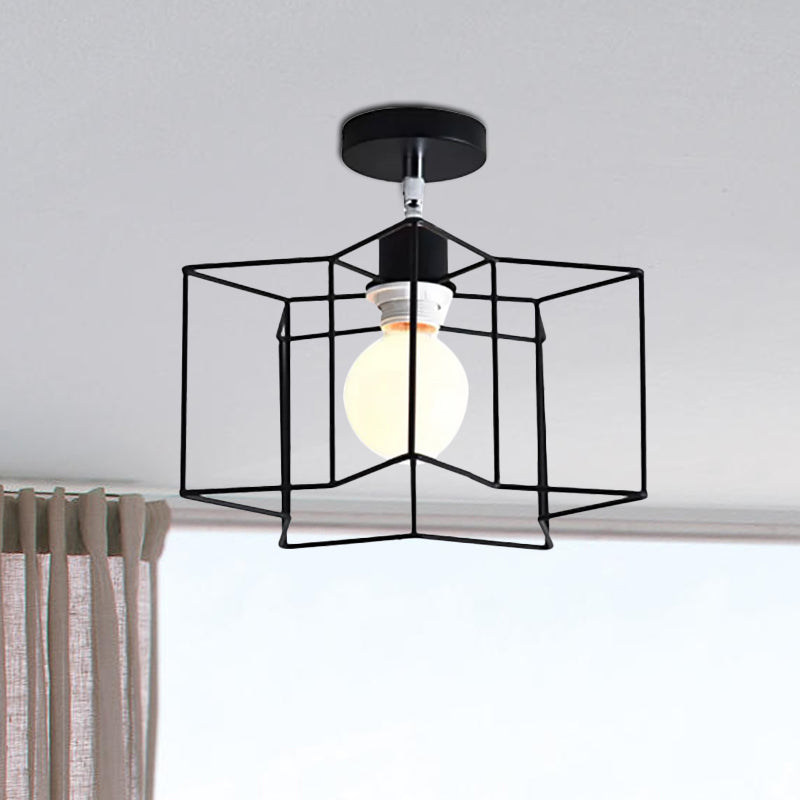 Cylinder/Drum Cage Bedroom Semi-Flush Ceiling Fixture Retro Vintage Metal 1 Head Black Rotatable Semi Flush Light Clearhalo 'Ceiling Lights' 'Close To Ceiling Lights' 'Close to ceiling' 'Semi-flushmount' Lighting' 1419347