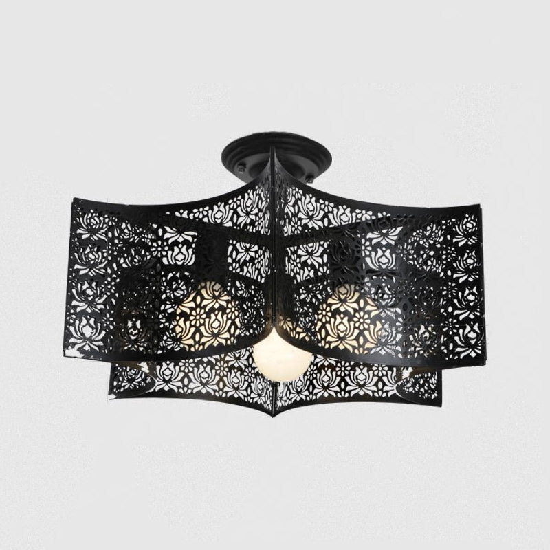 Black Drum Design Semi Flush Light with Wire Frame Vintage Retro Metallic 3 Heads Foyer Semi Flush Mount Light, 16"/16.5" W Clearhalo 'Ceiling Lights' 'Close To Ceiling Lights' 'Close to ceiling' 'Semi-flushmount' Lighting' 1419352