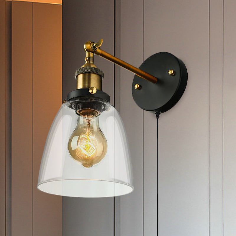 Tapered Bedroom Sconce Light Fixture Rustic Clear Glass 1 Light Black Wall Lamp with Plug-in Cord Clearhalo 'Cast Iron' 'Glass' 'Industrial wall lights' 'Industrial' 'Middle century wall lights' 'Modern' 'Tiffany' 'Traditional wall lights' 'Wall Lamps & Sconces' 'Wall Lights' Lighting' 1419397