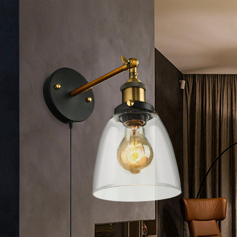 Tapered Bedroom Sconce Light Fixture Rustic Clear Glass 1 Light Black Wall Lamp with Plug-in Cord Clearhalo 'Cast Iron' 'Glass' 'Industrial wall lights' 'Industrial' 'Middle century wall lights' 'Modern' 'Tiffany' 'Traditional wall lights' 'Wall Lamps & Sconces' 'Wall Lights' Lighting' 1419398