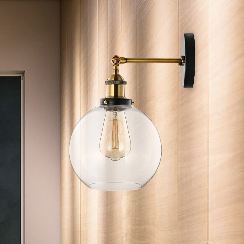 Clear Glass Bubble Wall Sconce Antique 1 Light Living Room Lighting Fixture in Brass Clearhalo 'Cast Iron' 'Glass' 'Industrial wall lights' 'Industrial' 'Middle century wall lights' 'Modern' 'Tiffany' 'Traditional wall lights' 'Wall Lamps & Sconces' 'Wall Lights' Lighting' 1419410