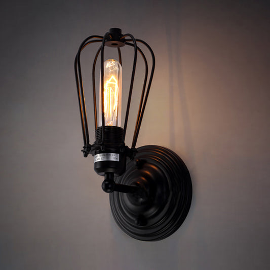 1 Head Wall Sconce Light with Bulb Cage Shade Metal Industrial Rustic Corridor Wall Lighting in Black, 2 Packs Clearhalo 'Art deco wall lights' 'Cast Iron' 'Glass' 'Industrial wall lights' 'Industrial' 'Middle century wall lights' 'Modern' 'Rustic wall lights' 'Tiffany' 'Traditional wall lights' 'Wall Lamps & Sconces' 'Wall Lights' Lighting' 1419412