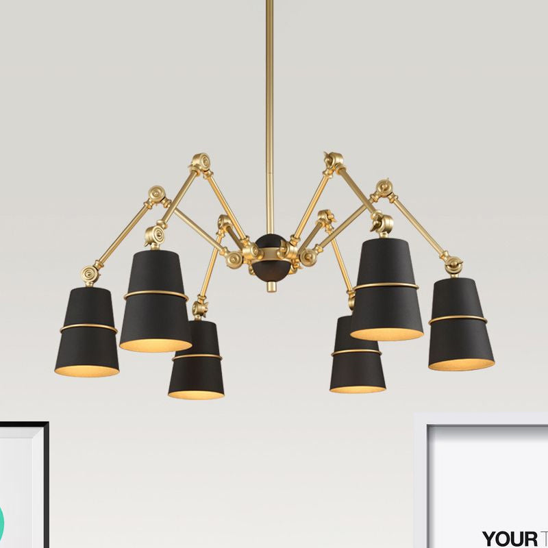 6 Lights Spider Chandelier Light with Cone Shade Retro Style Black and Gold Metal Suspension Light Clearhalo 'Cast Iron' 'Ceiling Lights' 'Chandeliers' 'Industrial Chandeliers' 'Industrial' 'Metal' 'Middle Century Chandeliers' 'Rustic Chandeliers' 'Tiffany' Lighting' 1419461