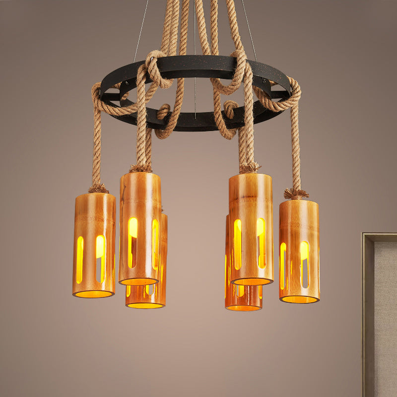 Bamboo Chandelier Lamp Lodge Style Multi Lights Pendant Lighting with Hanging Rope Clearhalo 'Cast Iron' 'Ceiling Lights' 'Chandeliers' 'Industrial Chandeliers' 'Industrial' 'Metal' 'Middle Century Chandeliers' 'Rustic Chandeliers' 'Tiffany' Lighting' 1419467