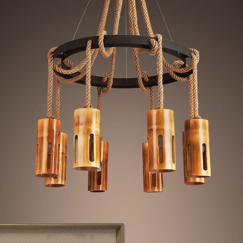 Bamboo Chandelier Lamp Lodge Style Multi Lights Pendant Lighting with Hanging Rope Clearhalo 'Cast Iron' 'Ceiling Lights' 'Chandeliers' 'Industrial Chandeliers' 'Industrial' 'Metal' 'Middle Century Chandeliers' 'Rustic Chandeliers' 'Tiffany' Lighting' 1419468