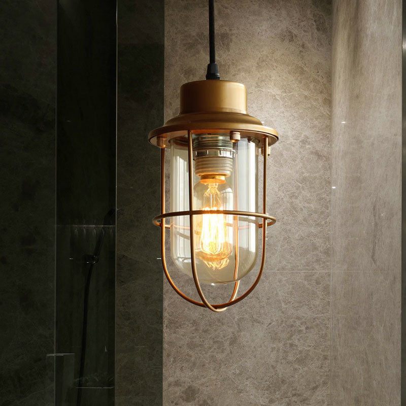 Brass Caged Pendant Light Vintage Retro Style Clear Glass 1 Bulb Hanging Ceiling Light Clearhalo 'Ceiling Lights' 'Close To Ceiling Lights' 'Glass shade' 'Glass' 'Industrial Pendants' 'Industrial' 'Middle Century Pendants' 'Pendant Lights' 'Pendants' 'Tiffany' Lighting' 1419496