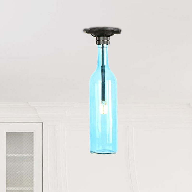 1 Bulb Semi Flush Light with Bottle Glass Shade Industrial Stylish Living Room Semi-Flush Mount Light in Grey/Brown Clearhalo 'Ceiling Lights' 'Close To Ceiling Lights' 'Close to ceiling' 'Glass shade' 'Glass' 'Semi-flushmount' Lighting' 1419522