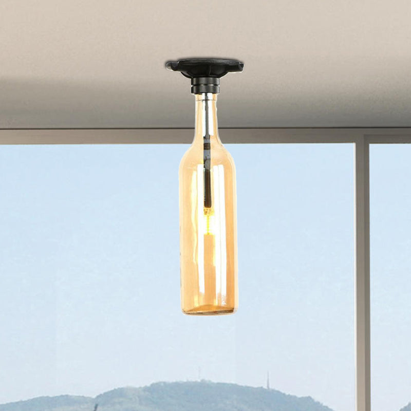 1 Bulb Semi Flush Light with Bottle Glass Shade Industrial Stylish Living Room Semi-Flush Mount Light in Grey/Brown Clearhalo 'Ceiling Lights' 'Close To Ceiling Lights' 'Close to ceiling' 'Glass shade' 'Glass' 'Semi-flushmount' Lighting' 1419524