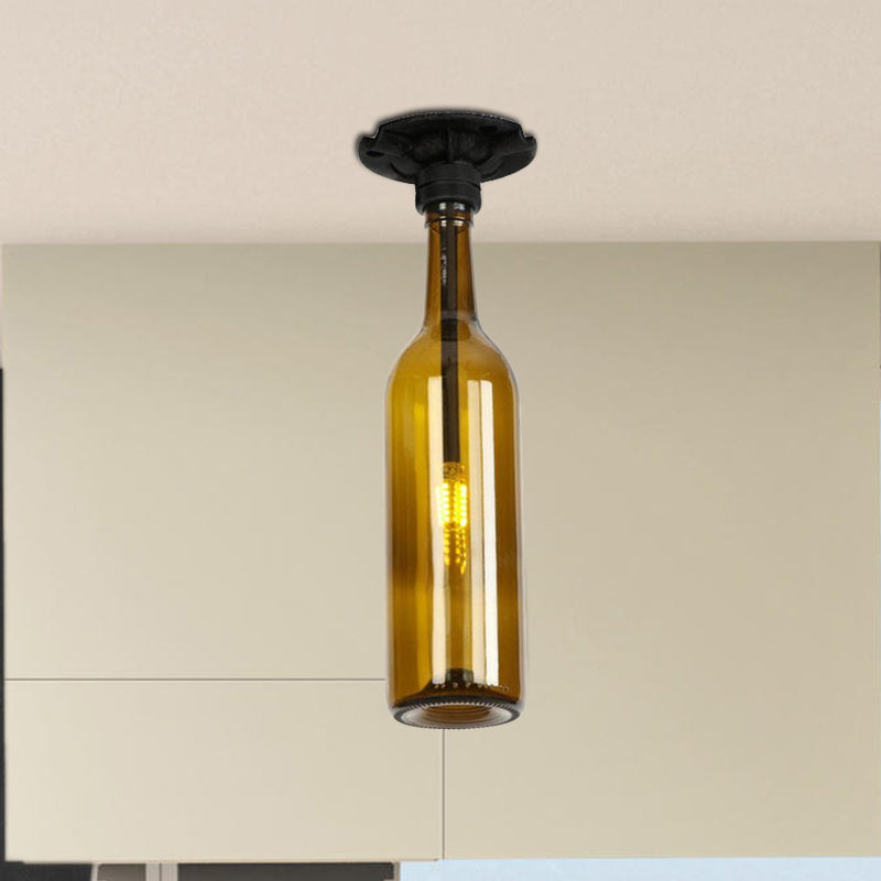 1 Bulb Semi Flush Light with Bottle Glass Shade Industrial Stylish Living Room Semi-Flush Mount Light in Grey/Brown Clearhalo 'Ceiling Lights' 'Close To Ceiling Lights' 'Close to ceiling' 'Glass shade' 'Glass' 'Semi-flushmount' Lighting' 1419525