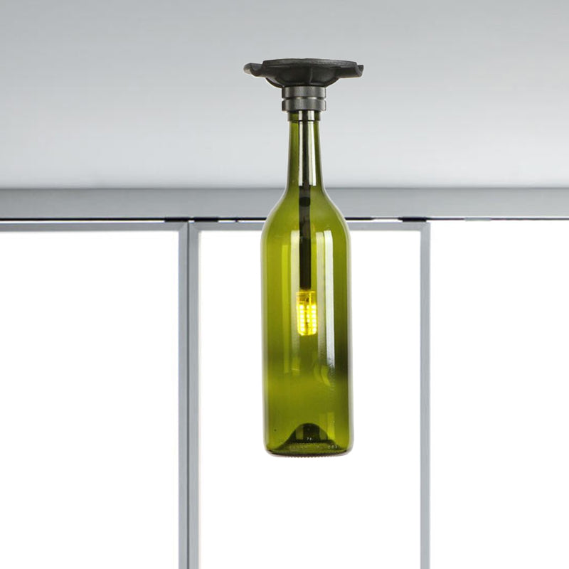 1 Bulb Semi Flush Light with Bottle Glass Shade Industrial Stylish Living Room Semi-Flush Mount Light in Grey/Brown Clearhalo 'Ceiling Lights' 'Close To Ceiling Lights' 'Close to ceiling' 'Glass shade' 'Glass' 'Semi-flushmount' Lighting' 1419527