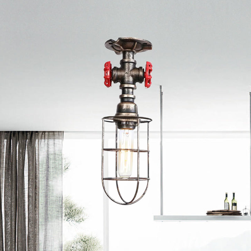 Wire Cage Metal Semi Flush Light with Valve Nautical Stylish 1 Light Living Room Ceiling Light Fixture in Black/Bronze Clearhalo 'Ceiling Lights' 'Close To Ceiling Lights' 'Close to ceiling' 'Semi-flushmount' Lighting' 1419536