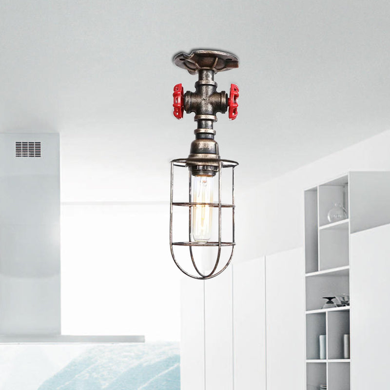 Wire Cage Metal Semi Flush Light with Valve Nautical Stylish 1 Light Living Room Ceiling Light Fixture in Black/Bronze Clearhalo 'Ceiling Lights' 'Close To Ceiling Lights' 'Close to ceiling' 'Semi-flushmount' Lighting' 1419537
