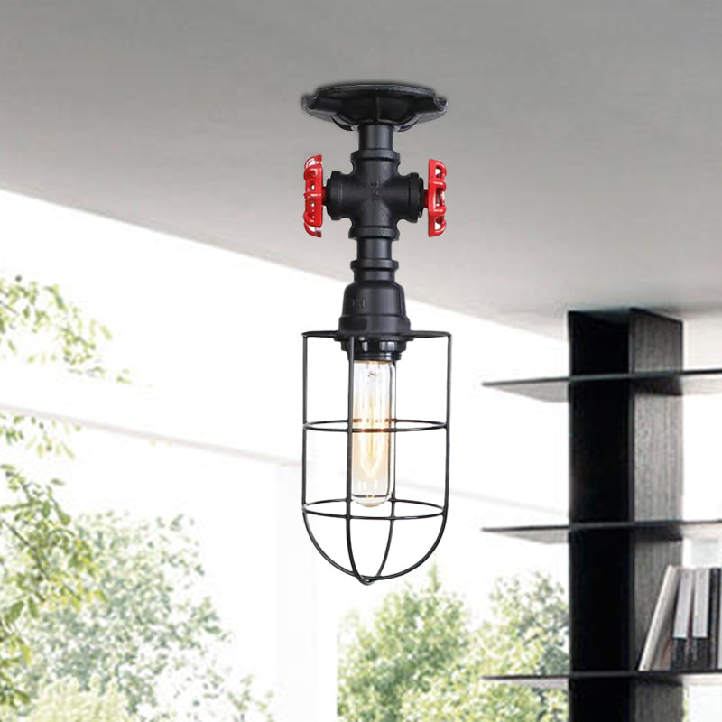 Wire Cage Metal Semi Flush Light with Valve Nautical Stylish 1 Light Living Room Ceiling Light Fixture in Black/Bronze Clearhalo 'Ceiling Lights' 'Close To Ceiling Lights' 'Close to ceiling' 'Semi-flushmount' Lighting' 1419538