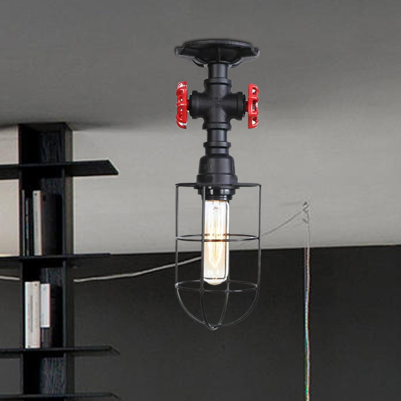 Wire Cage Metal Semi Flush Light with Valve Nautical Stylish 1 Light Living Room Ceiling Light Fixture in Black/Bronze Clearhalo 'Ceiling Lights' 'Close To Ceiling Lights' 'Close to ceiling' 'Semi-flushmount' Lighting' 1419539