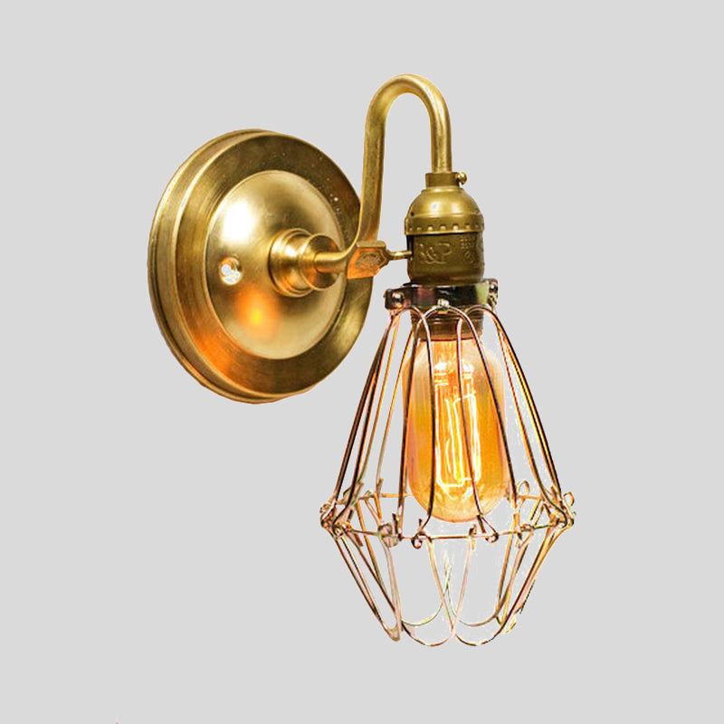 Polished Brass Wire Guard Wall Sconce Vintage Stylish 1 Light Corridor Sconce Light with Gooseneck Arm Clearhalo 'Art deco wall lights' 'Cast Iron' 'Glass' 'Industrial wall lights' 'Industrial' 'Middle century wall lights' 'Modern' 'Rustic wall lights' 'Tiffany' 'Traditional wall lights' 'Wall Lamps & Sconces' 'Wall Lights' Lighting' 1419551