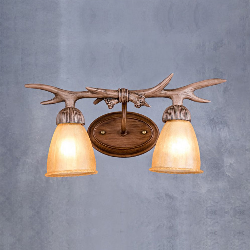 Lodge Style Bell Wall Lighting with Deer Horn Amber Glass 2 Lights Sconce Lamp Clearhalo 'Industrial wall lights' 'Industrial' 'Middle century wall lights' 'Rustic wall lights' 'Tiffany' 'Wall Lamps & Sconces' 'Wall Lights' Lighting' 1419560