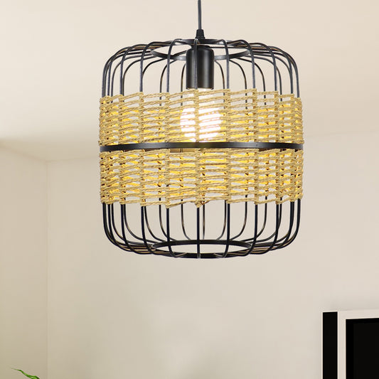 Metal Cylinder Cage Suspended Lamp Vintage 1 Light Corridor Pendant Lighting with Rope Detail in Beige Clearhalo 'Ceiling Lights' 'Industrial Pendants' 'Industrial' 'Middle Century Pendants' 'Pendant Lights' 'Pendants' 'Tiffany' Lighting' 1419575