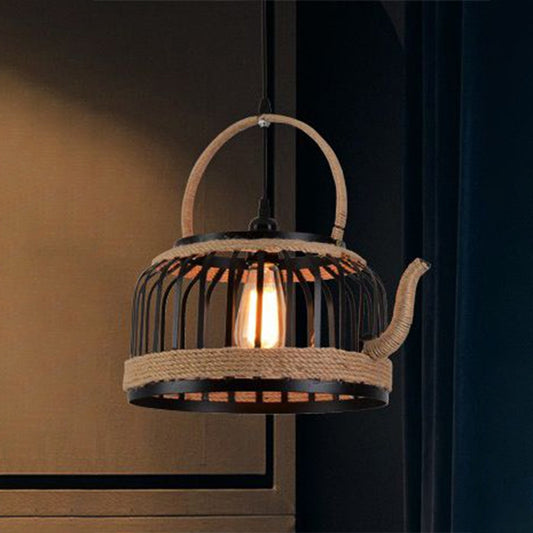 Vintage Kettle Cage Ceiling Pendant Light 1 Light Metal and Rope Hanging Lamp in Beige for Restaurant Clearhalo 'Ceiling Lights' 'Industrial Pendants' 'Industrial' 'Middle Century Pendants' 'Pendant Lights' 'Pendants' 'Tiffany' Lighting' 1419576