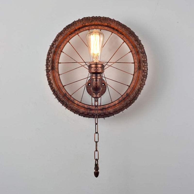 1 Light Wall Lighting Rustic Industrial Wheel Design Metal Sconce Lamp in Dark Rust for Restaurant Clearhalo 'Art deco wall lights' 'Cast Iron' 'Glass' 'Industrial wall lights' 'Industrial' 'Middle century wall lights' 'Modern' 'Rustic wall lights' 'Tiffany' 'Traditional wall lights' 'Wall Lamps & Sconces' 'Wall Lights' Lighting' 1419581