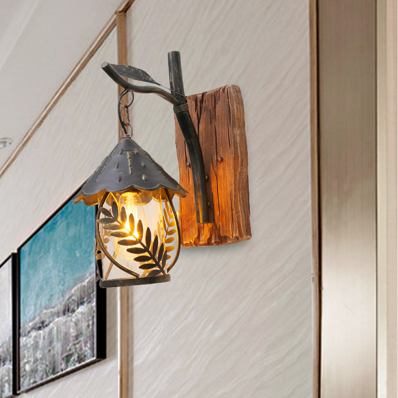 Clear Glass/Fabric Black Sconce Light Cylinder 1-Light Industrial Wall Lamp Fixture with Leaf and Wood Backplate Clearhalo 'Cast Iron' 'Glass' 'Industrial wall lights' 'Industrial' 'Middle century wall lights' 'Modern' 'Rustic wall lights' 'Tiffany' 'Traditional wall lights' 'Wall Lamps & Sconces' 'Wall Lights' Lighting' 1419583