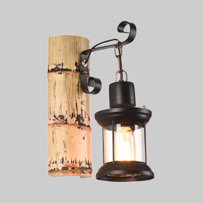 One Bulb Wall Light with Lantern Shade Clear Glass Industrial Dining Room Sconce in Black with Bamboo Backplate Clearhalo 'Industrial wall lights' 'Industrial' 'Middle century wall lights' 'Tiffany' 'Wall Lamps & Sconces' 'Wall Lights' Lighting' 1419587