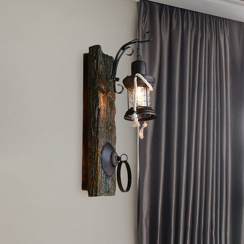 One Bulb Clear Glass Sconce Light Fixture Coastal Black Kerosene Outdoor Wall Lamp with Wooden Backplate Clearhalo 'Industrial wall lights' 'Industrial' 'Middle century wall lights' 'Rustic wall lights' 'Tiffany' 'Wall Lamps & Sconces' 'Wall Lights' Lighting' 1419588