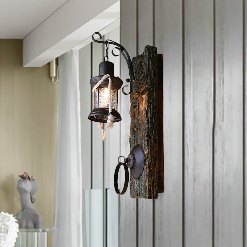One Bulb Clear Glass Sconce Light Fixture Coastal Black Kerosene Outdoor Wall Lamp with Wooden Backplate Clearhalo 'Industrial wall lights' 'Industrial' 'Middle century wall lights' 'Rustic wall lights' 'Tiffany' 'Wall Lamps & Sconces' 'Wall Lights' Lighting' 1419589