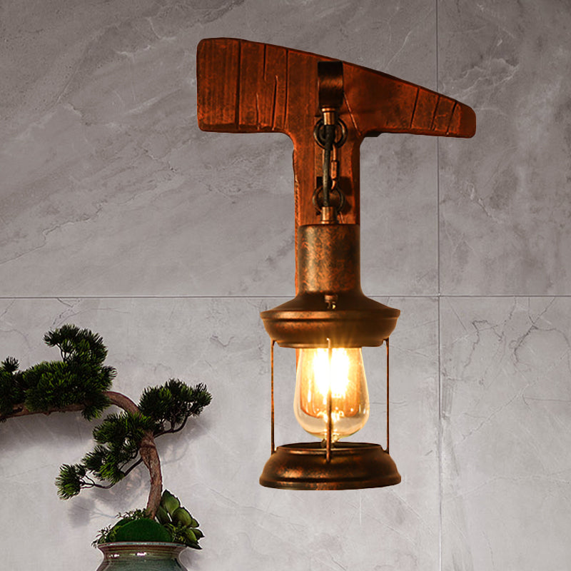 Rust One Light Sconce Light Coastal Clear Glass Lantern Lighting Fixture with Wooden Backplate Clearhalo 'Industrial wall lights' 'Industrial' 'Middle century wall lights' 'Rustic wall lights' 'Tiffany' 'Wall Lamps & Sconces' 'Wall Lights' Lighting' 1419591