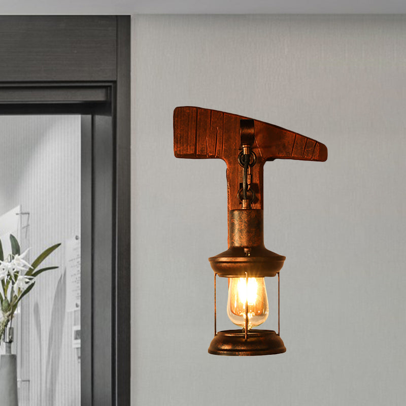 Rust One Light Sconce Light Coastal Clear Glass Lantern Lighting Fixture with Wooden Backplate Clearhalo 'Industrial wall lights' 'Industrial' 'Middle century wall lights' 'Rustic wall lights' 'Tiffany' 'Wall Lamps & Sconces' 'Wall Lights' Lighting' 1419592