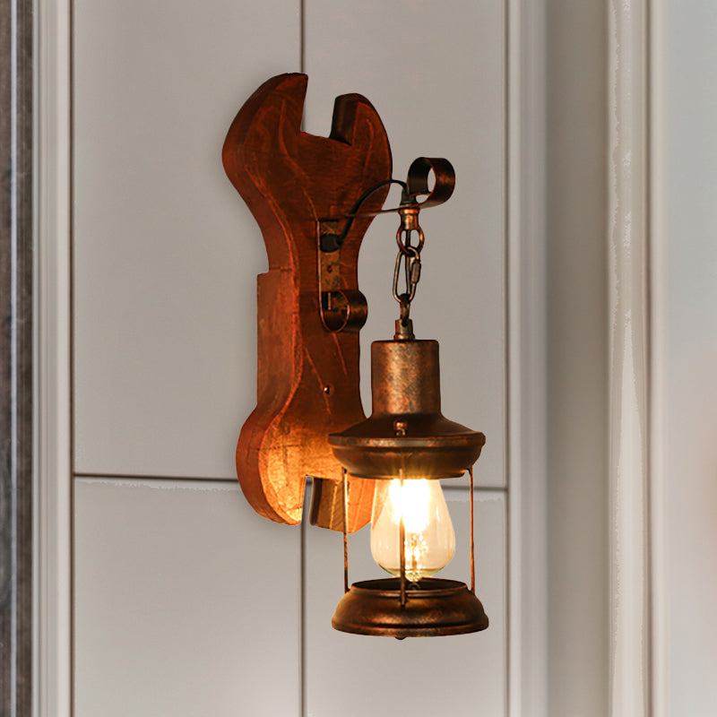 Rust One Light Sconce Light Coastal Clear Glass Lantern Lighting Fixture with Wooden Backplate Clearhalo 'Industrial wall lights' 'Industrial' 'Middle century wall lights' 'Rustic wall lights' 'Tiffany' 'Wall Lamps & Sconces' 'Wall Lights' Lighting' 1419593