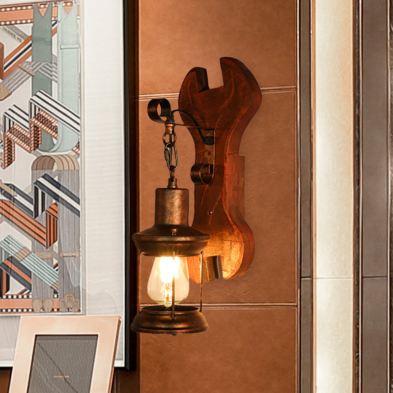 Rust One Light Sconce Light Coastal Clear Glass Lantern Lighting Fixture with Wooden Backplate Clearhalo 'Industrial wall lights' 'Industrial' 'Middle century wall lights' 'Rustic wall lights' 'Tiffany' 'Wall Lamps & Sconces' 'Wall Lights' Lighting' 1419594