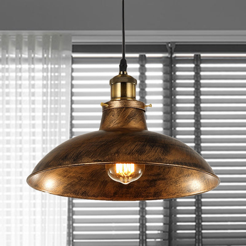 Wrought Iron Domed Ceiling Fixture Industrial 12"/14" W 1 Light Dining Room Pendant Lighting in Weathered Brass/Black Clearhalo 'Art Deco Pendants' 'Black' 'Cast Iron' 'Ceiling Lights' 'Ceramic' 'Crystal' 'Industrial Pendants' 'Industrial' 'Metal' 'Middle Century Pendants' 'Pendant Lights' 'Pendants' 'Rustic Pendants' 'Tiffany' Lighting' 1419622